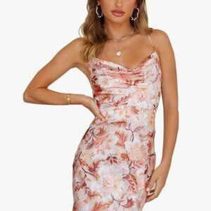 Beige Stunning floral wedding guest satin spaghetti straps Event slip dress XL